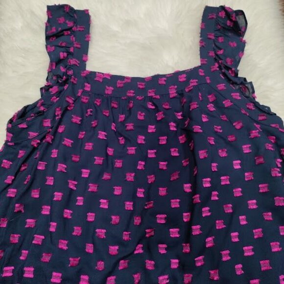 LOFT Navy Blue/Pink Clip Ruffle Square Neck Ruffle Sleeve Festival Top Size L - Picture 6 of 12